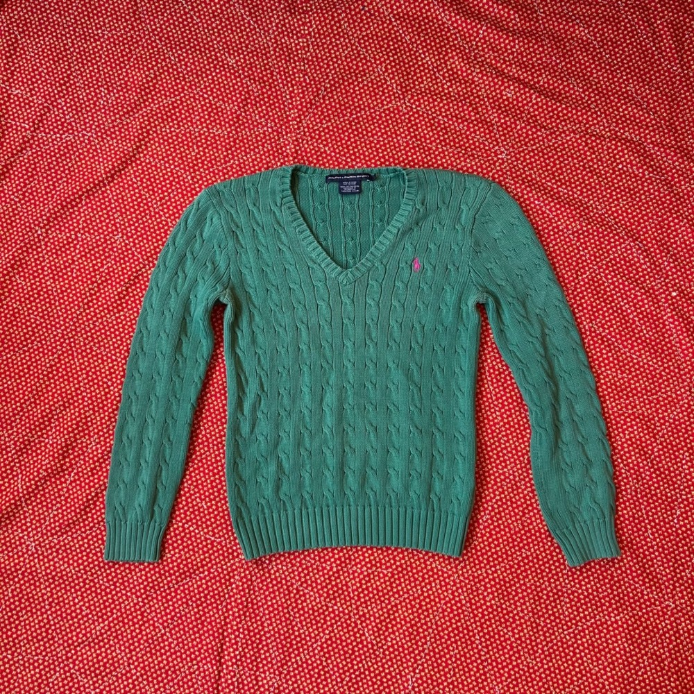 Ralph Lauren Sport Green Cable Knit V-Neck Cotton Sweater Large Pink Pony Logo